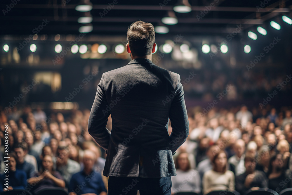 Generative AI illustration motivational speaker with microphone in hand in front of audience at conference room Generative AI illustration motivational speaker with microphone in hand in front of audience at conference room