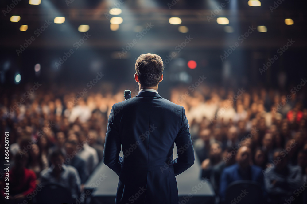 Generative AI illustration motivational speaker with microphone in hand in front of audience at conference room Generative AI illustration motivational speaker with microphone in hand in front of audience at conference room