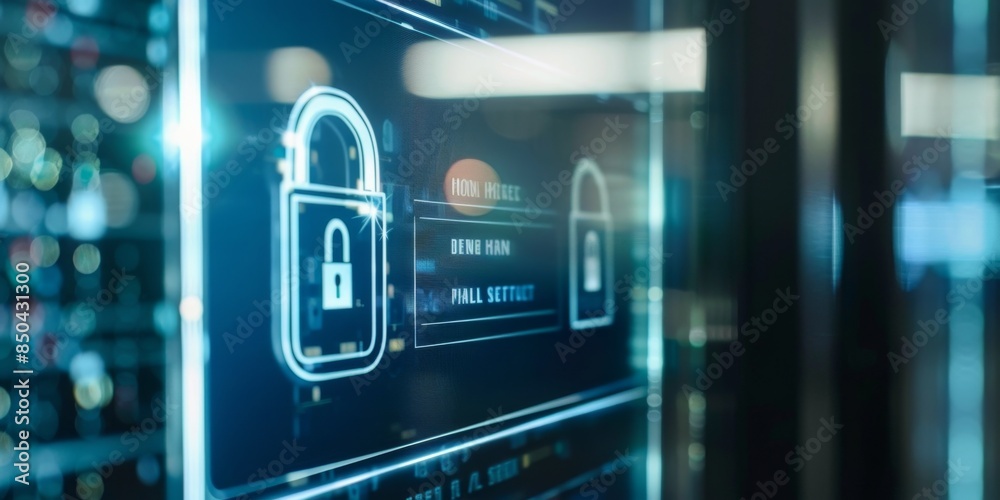 Obraz premium High-Tech Interface with Network Security, Network, Dynamic and Dramatic Composition, Copy Space，The dynamic elements and dramatic lighting create a sense of urgency and importance, emphasizing the c