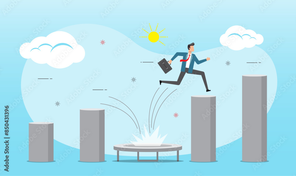 businessman jumping from trampoline back to top of bar graph businessman jumping from trampoline back to top of bar graph