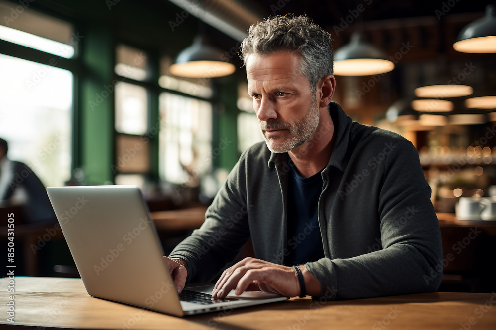 Image of senior student using modern gadgets in cafe indoors generative AI concept Image of senior student using modern gadgets in cafe indoors generative AI concept