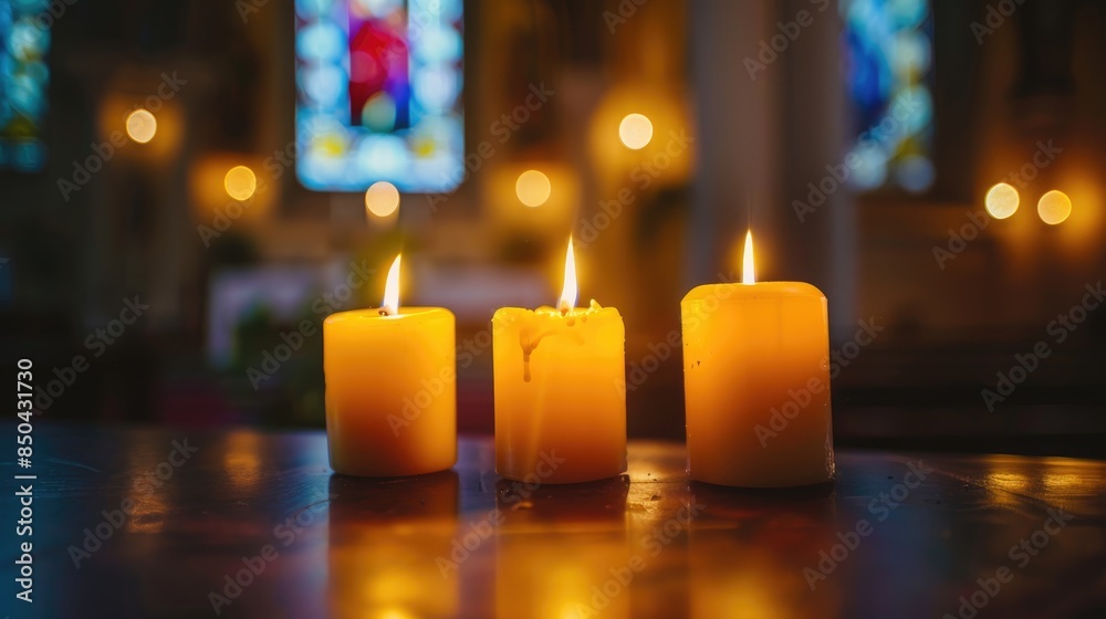 Lit church candles symbolizing Christian prayers demonstrating faith and belief Lit church candles symbolizing Christian prayers demonstrating faith and belief