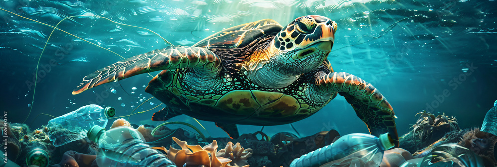 Sea turtle swimming through plastic pollution in the ocean, highlighting the severe impact of marine debris on wildlife and the urgent need for environmental conservation Sea turtle swimming through plastic pollution in the ocean, highlighting the severe impact of marine debris on wildlife and the urgent need for environmental conservation