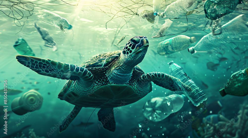 Fototapeta premium Marine turtle navigating through ocean garbage, showcasing the environmental crisis of plastic pollution and its detrimental effects on sea life and ecosystems