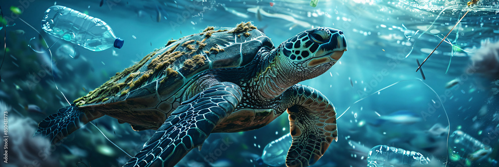 Turtle Effect Foto de Marine turtle navigating through ocean garbage, showcasing the ...