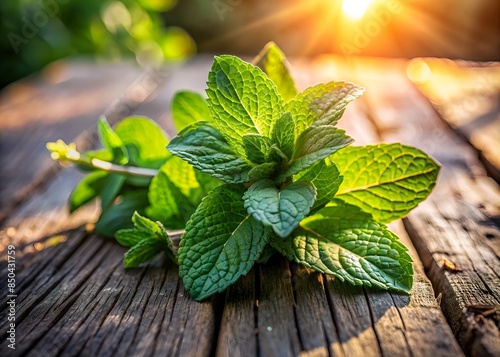 Fresh Mint Leaves On A Wooden Table In The Sunlight. photo