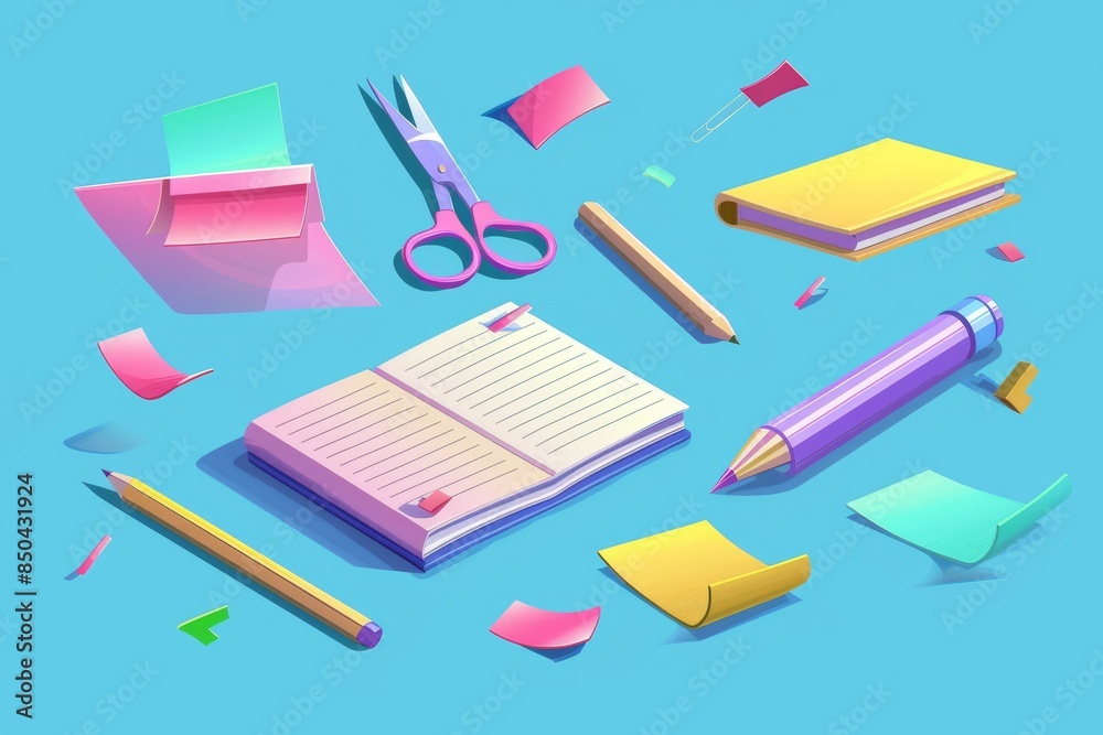 Colorful stationery items including notebook, post-it notes, and scissors on a bright blue background