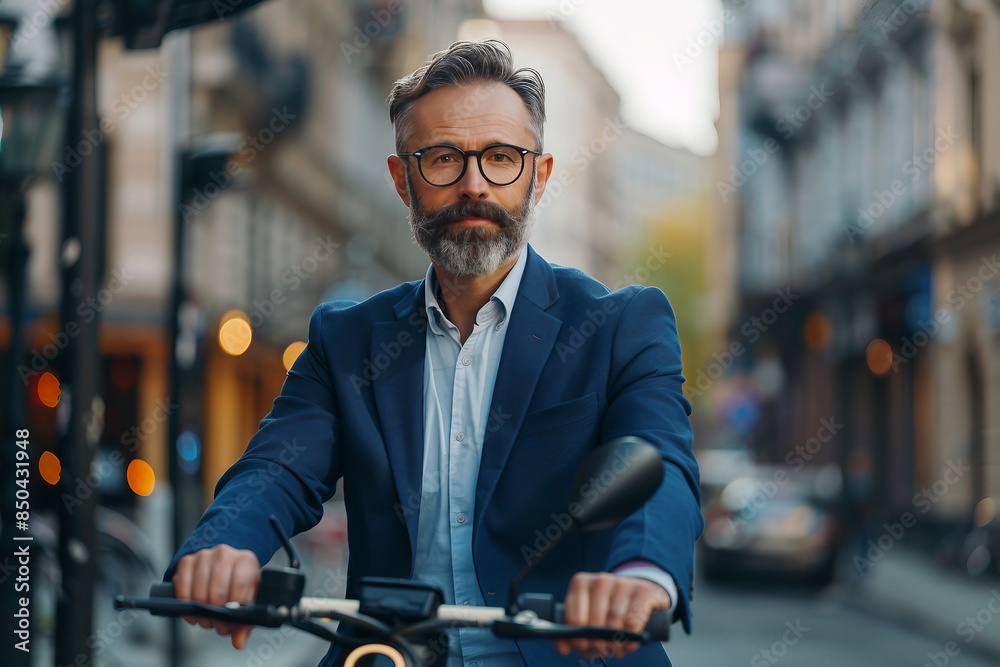 Fototapeta premium Elegant modern issue person driving to office using ecological transport, minding ecology protection, Generative AI