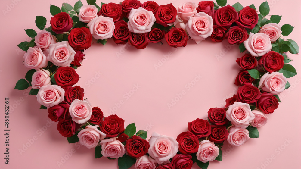 A romantic Valentine's Day design with pink and red roses arranged in a heart shape on a pastel pink table, Generative AI A romantic Valentine's Day design with pink and red roses arranged in a heart shape on a pastel pink table, Generative AI