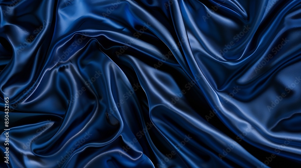 Fototapeta premium Beautiful dark blue silk satin background Soft folds on shiny fabric Luxury background with space for design Web banner Flat lay Table top view Christmas Valentines Day : Generative AI