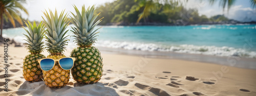 Ananas sur la plage en bord de mer avec lunettes de soleil, espace vide pour du texte