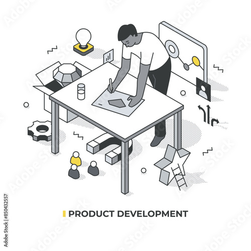 Man leans over a table, sketching new product with the target audience in mind, relying on marketing data. Depicts new product development, idea phase, and marketing strategy. Isometric illustration