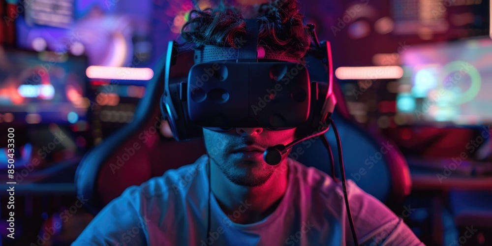 Man playing games with virtual reality headset in a gaming room Man playing games with virtual reality headset in a gaming room