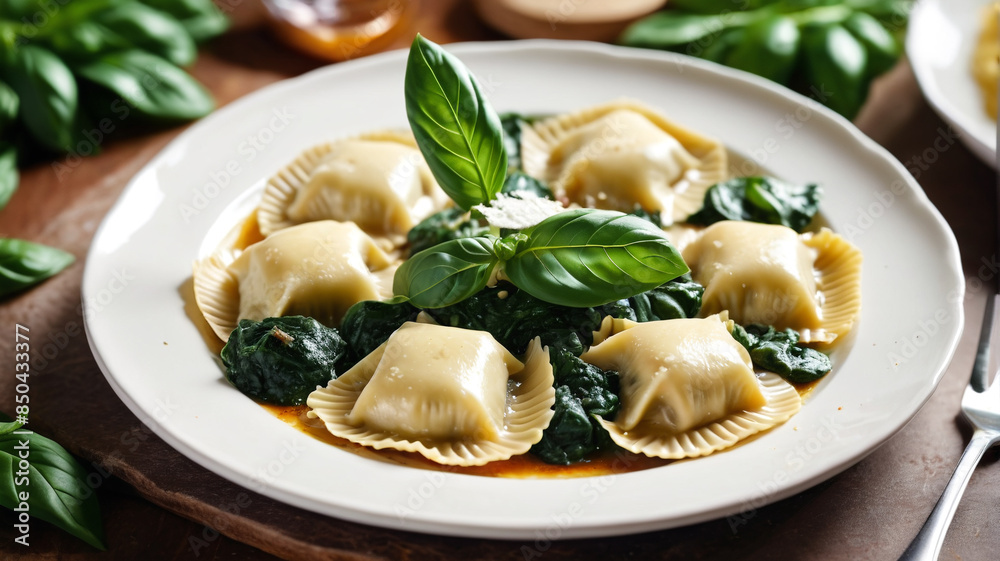 An elegant presentation of gourmet ravioli filled with spinach and ricotta, served on a stylish plate with fresh basil, Generative AI An elegant presentation of gourmet ravioli filled with spinach and ricotta, served on a stylish plate with fresh basil, Generative AI