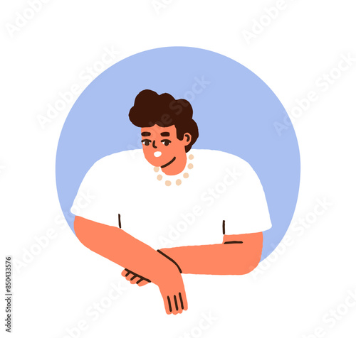 Man avatar, round user profile, portrait in circle. Male character peeking out of hole, leaning with hands. Happy modern guy with beads. Flat vector illustration isolated on white background