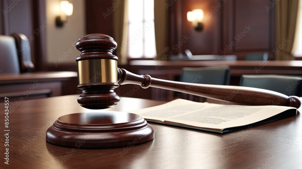 A wooden gavel resting on a desk in a courtroom, representing the solemnity and gravity of legal proceedings, Generative AI A wooden gavel resting on a desk in a courtroom, representing the solemnity and gravity of legal proceedings, Generative AI