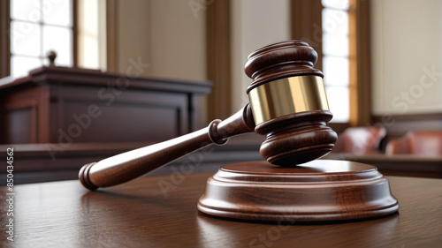 A wooden gavel resting on a desk in a courtroom, representing the solemnity and gravity of legal proceedings, Generative AI