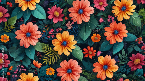 Wallpaper Mural An exquisite floral print with vividly colored flowers and luxuriant leaves, imbuing elegance and charm into any setting, Generative AI Torontodigital.ca