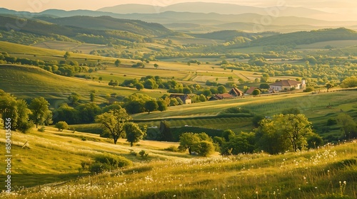 panorama of beautiful countryside of romania sunny afternoon wonderful springtime landscape in mountains grassy field and rolling hills rural scenery : Generative AI