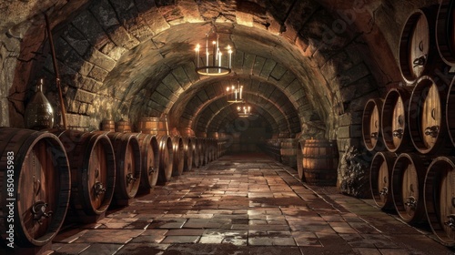 Wine Vault, Basement wine cellar, bottles of wine and vintage barrels