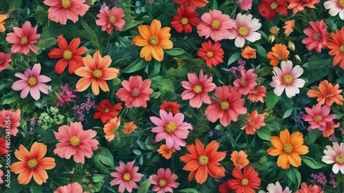 A stunning floral pattern bursting with vibrant blossoms and lush greenery, exuding freshness and vitality, Generative AI