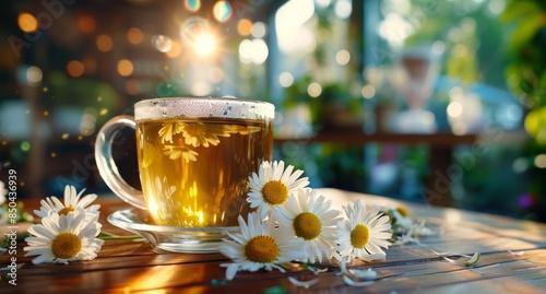 Glass Cup of Herbal Tea With Daisies on a Wooden Table in a Sunny Outdoor Set...