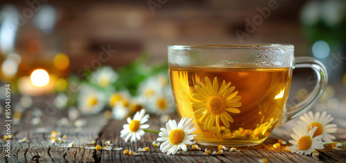 Glass Cup of Herbal Tea With Daisies on a Wooden Table in a Sunny Outdoor Set...