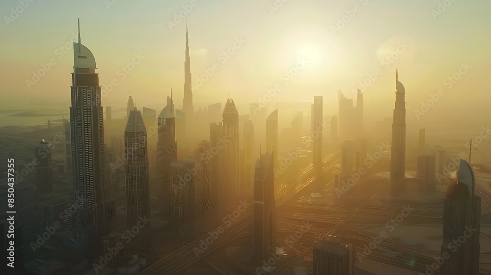 Obraz premium Aerial view of Dubai Frame Downtown skyline United Arab Emirates or UAE Financial district and business area in smart urban city Skyscraper and highrise buildings at sunset : Generative AI