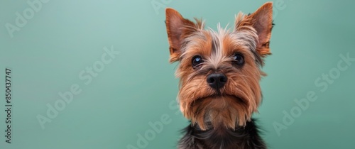 Yorkshire Terrier Looking Directly at Camera Against Teal Background © olegganko