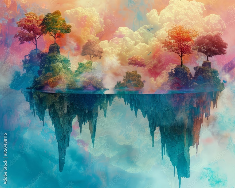 Fototapeta Surreal landscape with floating islands, fantastical elements, vibrant colors, fantasy art
