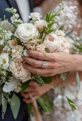 Bride Holding White Wedding Bouquet With Diamond Ring
