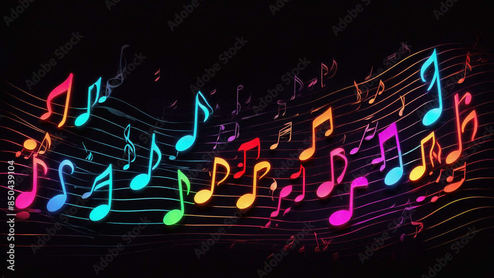 Obraz premium Music notes in neon abstract background