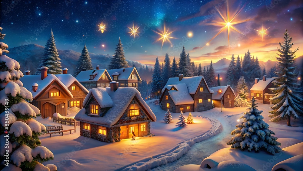 A Beautiful Snowy Village Scene With A Warm Glow From The Houses And A Starry Night Sky. A Beautiful Snowy Village Scene With A Warm Glow From The Houses And A Starry Night Sky.