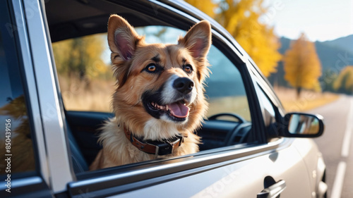 A euphoric canine adventurer enjoying a car ride with its head out of the window, eyes bright and tail wagging, relishing every moment of the journey and the boundless freedom it brings, Generative AI © 4K_Heaven