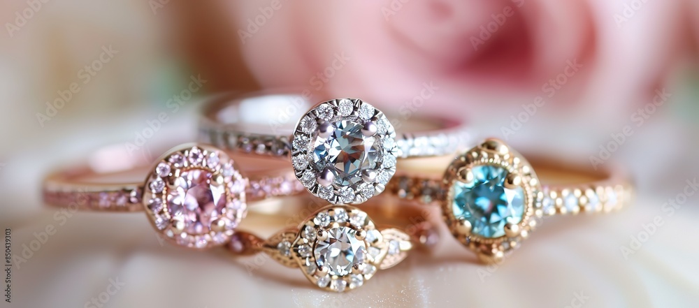 Four jewel rings on the table with a blur effect background Four jewel rings on the table with a blur effect background