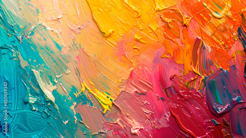 Close-up view of a colorful painting with thick layers of vibrant paint creating a dynamic and textured surface. abstract background with textural gouache strokes. Banner. Copy space photo