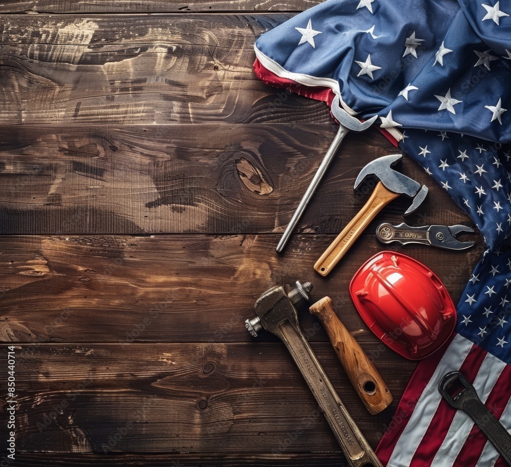 American Flags And Mechanic Tools On Wooden Background - Labor Day - National Holiday American Flags And Mechanic Tools On Wooden Background - Labor Day - National Holiday