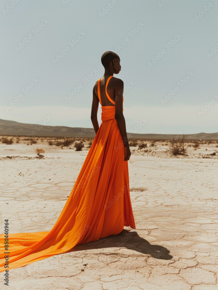 Black african woman poses in stunning silhouette with elegant orange gown against desert backdrop Black african woman poses in stunning silhouette with elegant orange gown against desert backdrop
