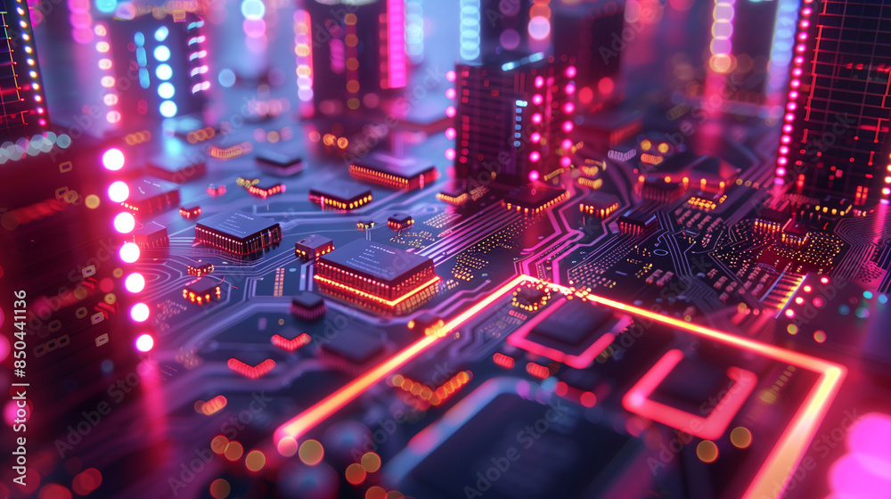 Obraz premium Moderne Stadtlandschaft mit Hochhäusern und Straßenzügen auf einer Leiterplatte, Neon-Pinke und Orangefarbene Akzepte, Querformat