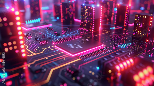 Eine abstrakte Stadtansicht in Neon-Farben auf einer Leiterplatte mit angedeuteten Hochhäusern und Straßenzügen, Querformat photo