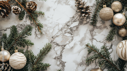 Weihnachtliche Dekoration, Tannenzweige und cremefarbene Kugeln vor einem Marmor-strukturiertem Hintergrund mit isolierter Freifläche photo