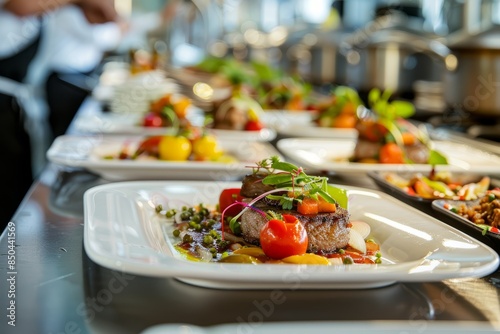 Close-up of beautifully plated dish, showcasing diverse cuisine. Row of elegantly prepared meals highlights culinary artistry and creativity © Ilia Nesolenyi
