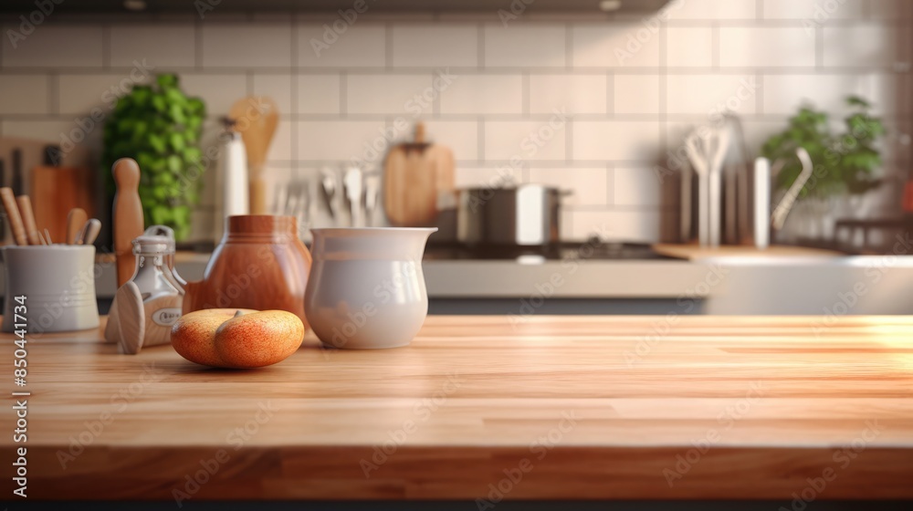 Wooden countertop with blurred kitchen utensils and furniture interior background Wooden countertop with blurred kitchen utensils and furniture interior background