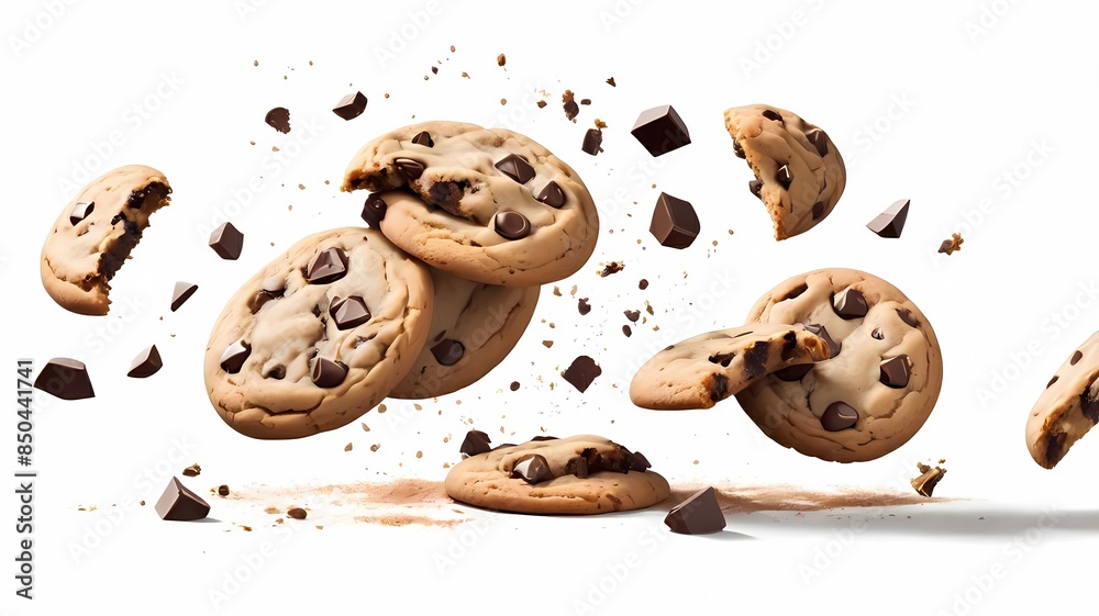 Obraz premium Chocolate chip cookies falling over white background
