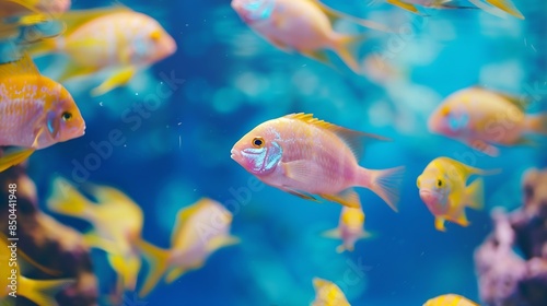 Aquarium with colorful fish Fish swim on a blue background in an aquarium : Generative AI