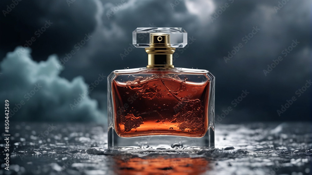 A resilient perfume bottle against the backdrop of a raging storm, symbolizing strength and power with its invigorating and intense fragrance, Generative AI A resilient perfume bottle against the backdrop of a raging storm, symbolizing strength and power with its invigorating and intense fragrance, Generative AI