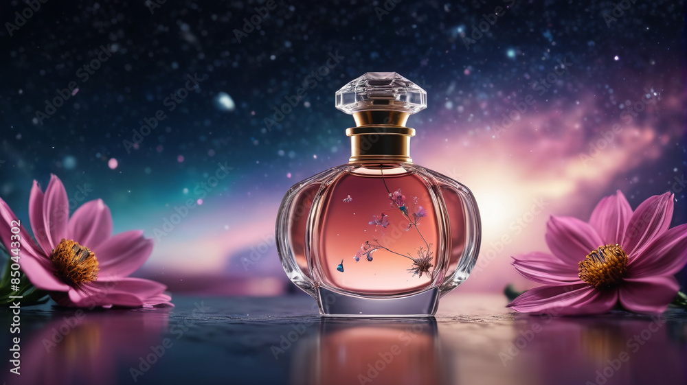 A mesmerizing perfume bottle set against the backdrop of the cosmos, capturing the mystical and ethereal essence of its celestial-inspired fragrance, Generative AI A mesmerizing perfume bottle set against the backdrop of the cosmos, capturing the mystical and ethereal essence of its celestial-inspired fragrance, Generative AI