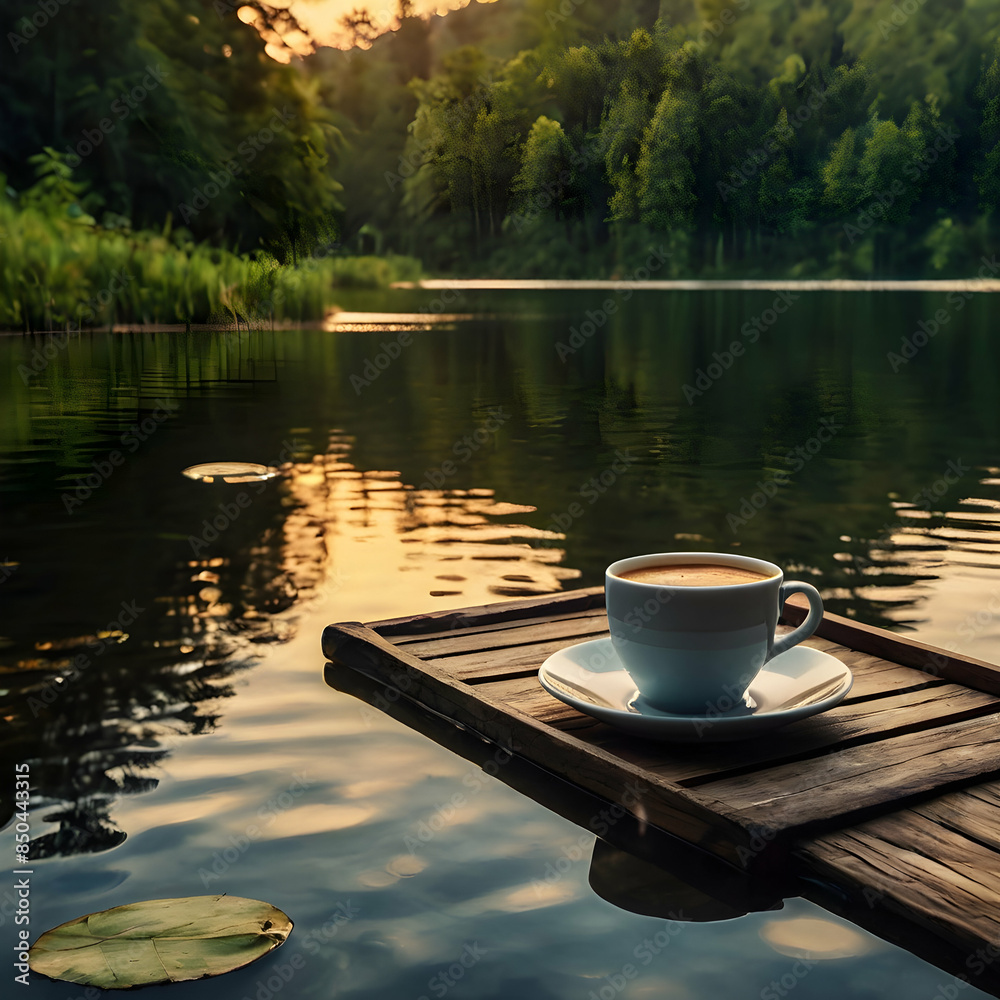 A steaming cup of coffee sits on a wooden table, bathed in the warm glow of a magnificent sunset. The sky ablaze with color is mirrored perfectly on the still water of the tranquil lake A steaming cup of coffee sits on a wooden table, bathed in the warm glow of a magnificent sunset. The sky ablaze with color is mirrored perfectly on the still water of the tranquil lake