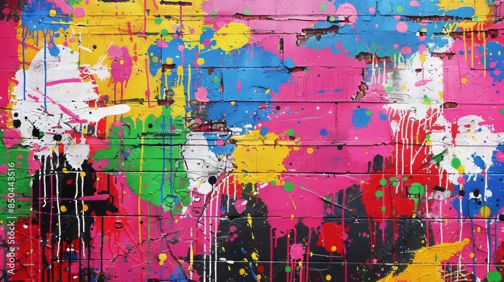 Fototapeta premium Colorful Paint Splatter on Brick Wall