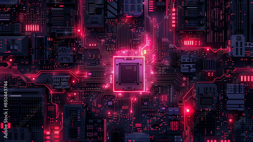 Obraz premium Ansicht auf ein dunkles Motherboard mit einem zentralen Chip und weiteren Elementen, die Neon-Pink hervorgehoben werden, Querformat